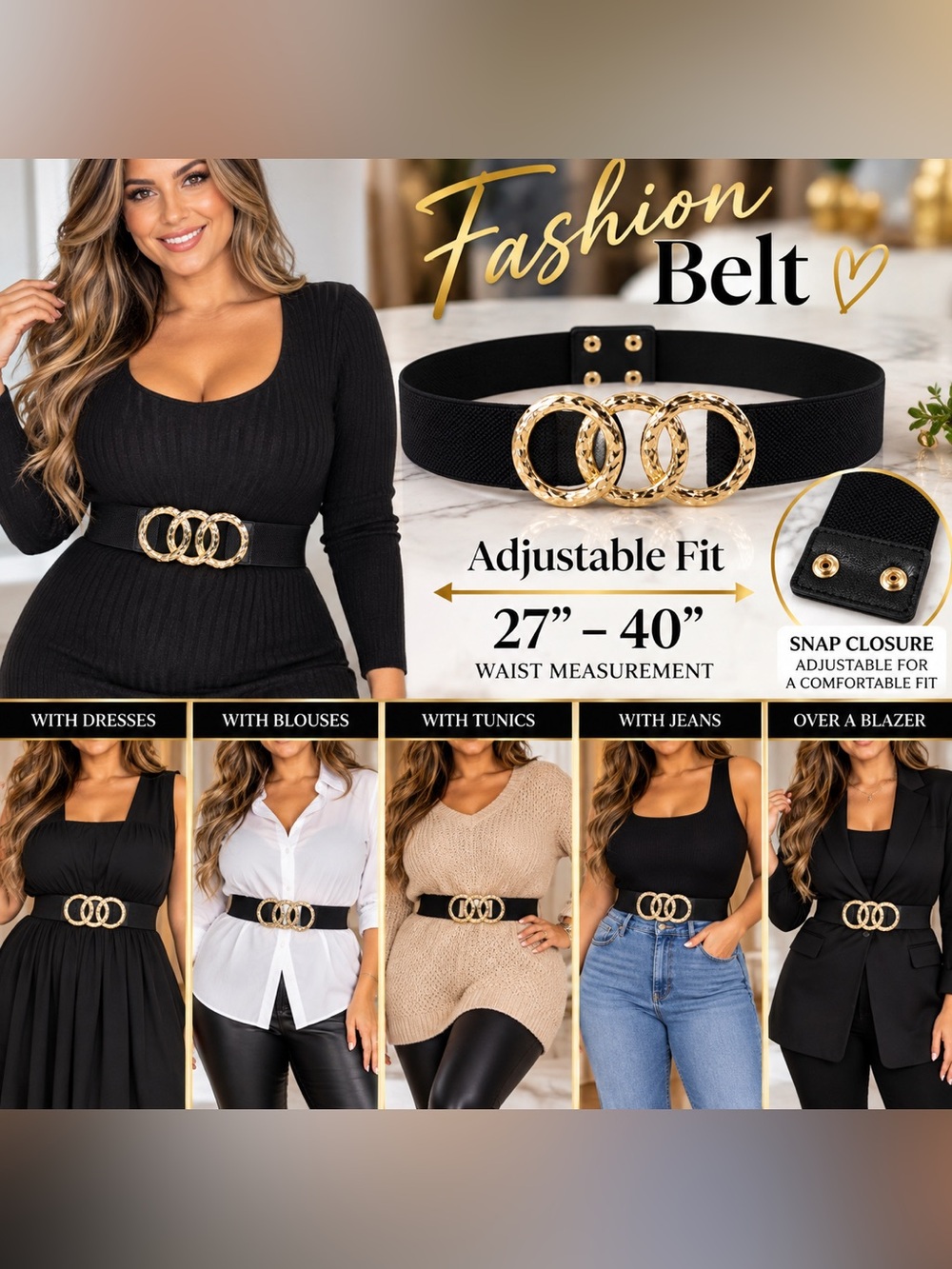 Black Fashion Waist Belt with Gold Triple-Ring Buckle